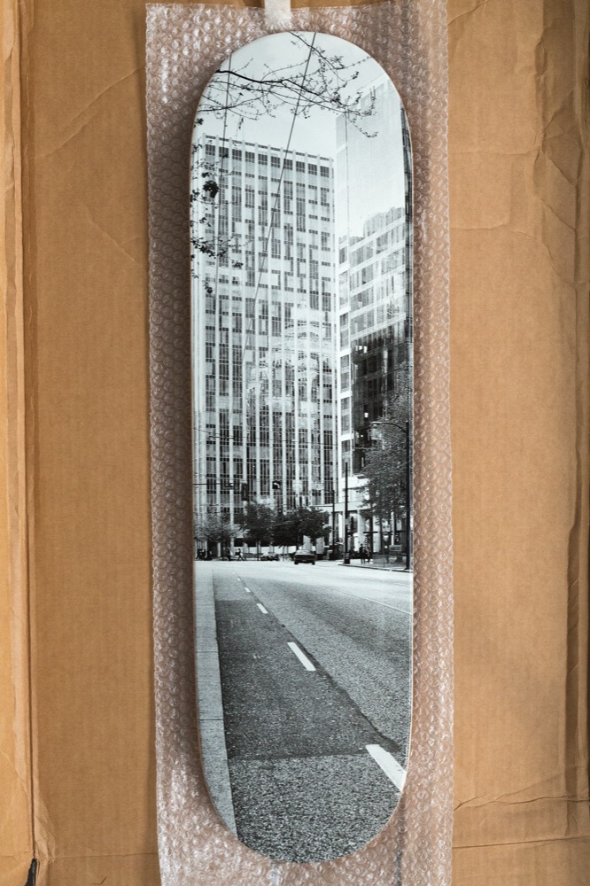 Photograph printed on a skateboard deck